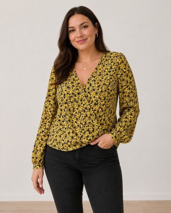 a new day Tops - A New Day Yellow Floral Wrap Blouse Women L V-Neck Long Sleeve Top feminine